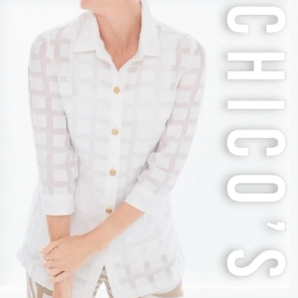 Chicos Travelers White Clipped Geometric Button Front Shirt Jacket SZ Medium
